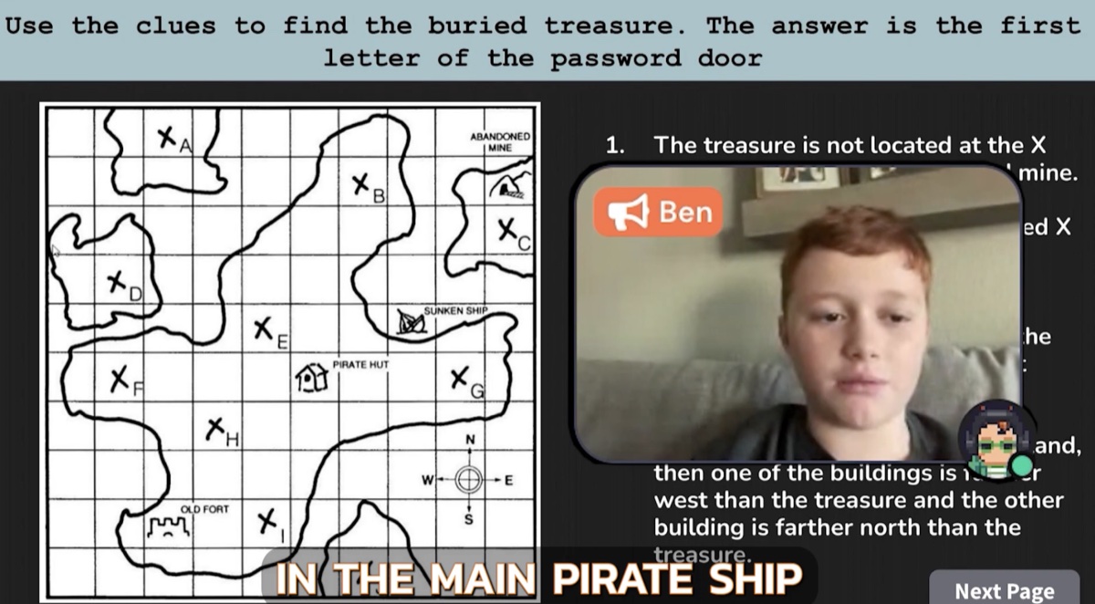 A CoLab student reading treasure map clues aloud to their team