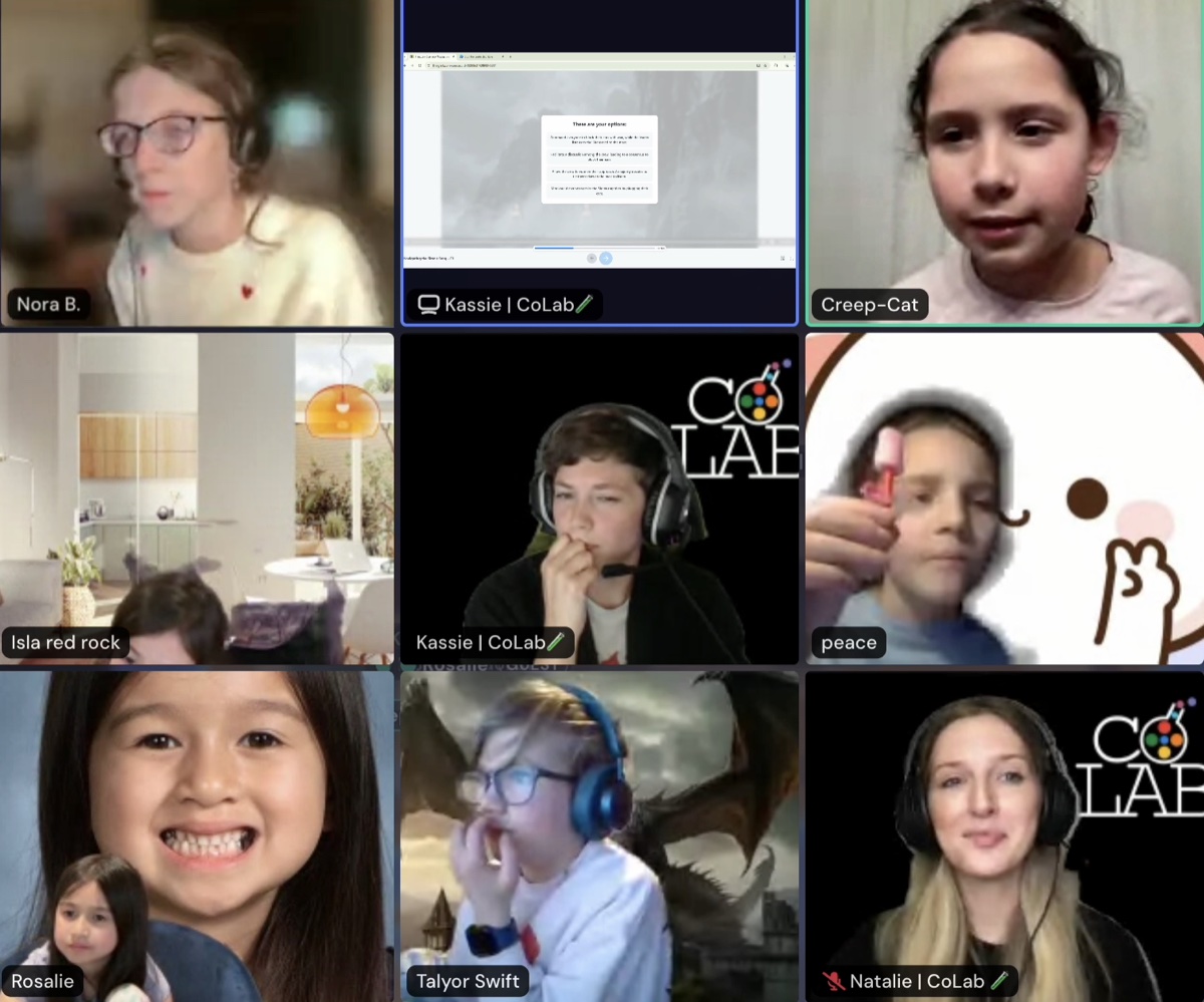 A CoLab session grid of nine students and facilitators on camera